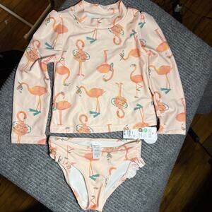 Carter's Child of Mine Girls 4T Swimsuit 2 Piece Pink Flamingo Long Sleeve NWT